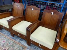 A SET OF THREE ART DECO LOW ARMCHAIRS.