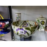 A MOORCROFT BLUE GROUND FLORAL FOOTED BOWL, A MASONS COVER JAR, A COALPORT CYLINDRICAL VASE AND