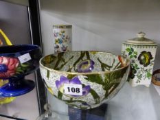 A MOORCROFT BLUE GROUND FLORAL FOOTED BOWL, A MASONS COVER JAR, A COALPORT CYLINDRICAL VASE AND