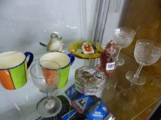 TWO SNUFF BOTTLES, TWO MUGS, DRINKING GLASSES, A BIRD AND A CAT FIGURINE