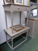 TWO GREY PAINTED ANTIQUE SINGLE DRAWER SIDE TABLES.