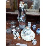 A VINTAGE ORIENTAL FIGURE OF AN IMMORTAL, A PEWTER OVERLAID RED WARE TEA SET, A GINGER JAR, AND