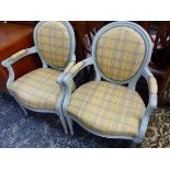 A PAIR OF FRENCH STYLE PAINTED ARMCHAIRS.