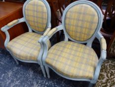 A PAIR OF FRENCH STYLE PAINTED ARMCHAIRS.