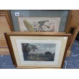 TWO SPORTING ENGRAVINGS AND A FLORAL PRINT.