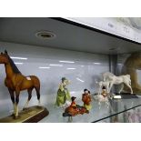 THREE BESWICK THELWELL HORSES AND RIDERS, A BESWICK MARE AND FOAL, ANOTHER HORSE FIGURE AND A