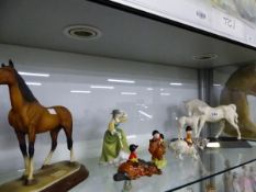 THREE BESWICK THELWELL HORSES AND RIDERS, A BESWICK MARE AND FOAL, ANOTHER HORSE FIGURE AND A