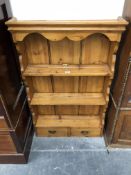 A 20th C. PINE DRESSER BACK WITH THREE SHELF ENCLOSED BACK ABOVE TWO DRAWERS. W 66 x D 17 x H