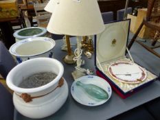 THREE LARGE PLANTERS, A SPODE PLATE, TABLE LAMPS ETC.