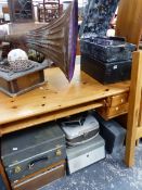 A VINTAGE HORN GRAMOPHONE, TWO PORATABLE GRAMOPHONES , RECORD PLAYERS, REEL TO REEL TAPE PLAYER,