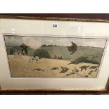 A VINTAGE COLOUR SHOOTING PRINT, AFTER CECIL ALDIN, H 32cms W 64cms, TOGETHER WITH TWO SPORTING