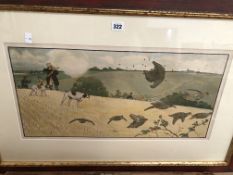 A VINTAGE COLOUR SHOOTING PRINT, AFTER CECIL ALDIN, H 32cms W 64cms, TOGETHER WITH TWO SPORTING