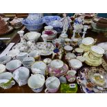 A COLLECTION OF ANTIQUE MOUSTACHE CUPS, TWO SPODE SPILL VASES, ENAMELLED GLASS WARES ETC.