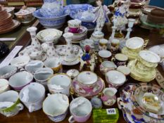A COLLECTION OF ANTIQUE MOUSTACHE CUPS, TWO SPODE SPILL VASES, ENAMELLED GLASS WARES ETC.