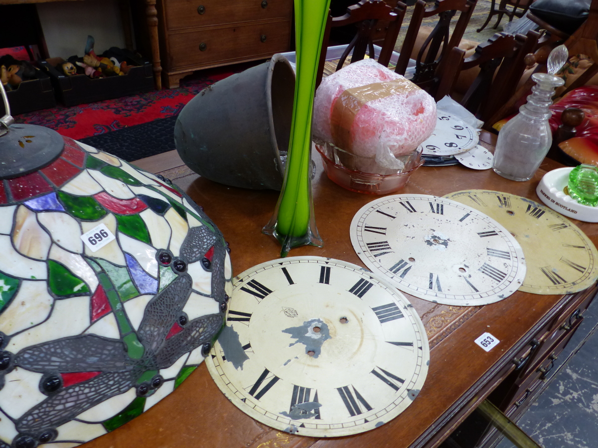 AN ART NOUVEAU STYLE LIGHT SHADE, A QUANTITY OF CLOCK DIALS, GLASS WARES ETC.