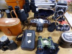 A SONY VIDEO 8 CCD-SP5E CAMERA RECORDER, PENTAX AND MAMIYA C3 CAMERAS, FIVE PAIRS OF BINOCULARS