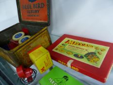 A TIN BOX OF MECCANO WHEELS AND OTHER ITEMS, MECCANO GEARS, EMEBO MOTOR, ETC.