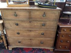 A 19th C. MAHOGANY CHEST OF TWO SHORT AND THREE LONG DRAWERS ON BRACKET FEET. W 110 x D 53 x H