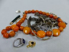 A JADE DROPPER WITH GOLD CAP, A ROW OF ORANGE BEADS, VARIOUS ITEMS OF SILVER ETC.