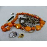 A JADE DROPPER WITH GOLD CAP, A ROW OF ORANGE BEADS, VARIOUS ITEMS OF SILVER ETC.