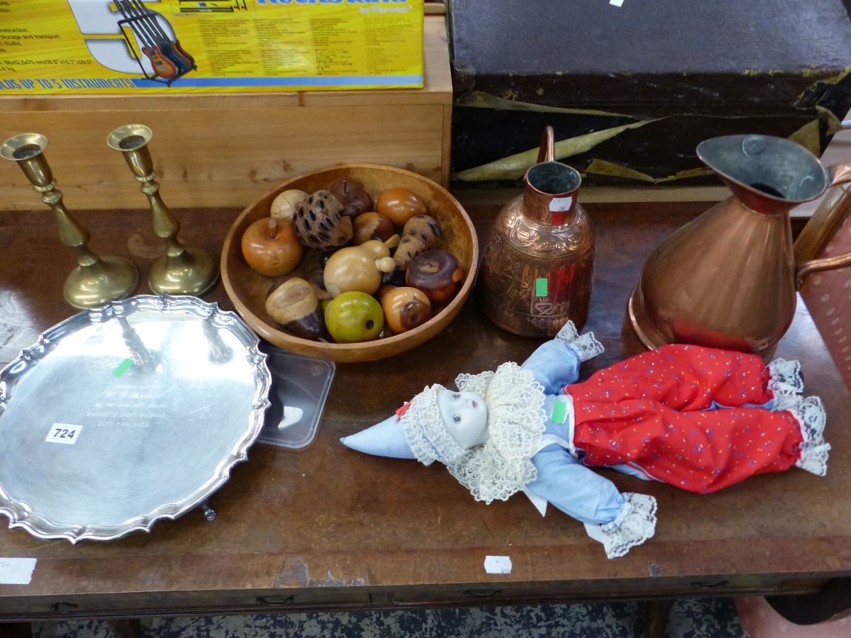 VARIOUS TURNED WOOD ORNAMENTAL FRUITS, A SILVER PLATED TRAY, COPPER WARES ETC.