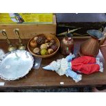 VARIOUS TURNED WOOD ORNAMENTAL FRUITS, A SILVER PLATED TRAY, COPPER WARES ETC.