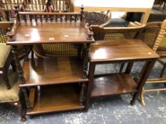 A VICTORIAN MAHOGANY WHATNOT OF THREE RECTANGULAR SHELVES TOGETHER WITH A MAHOGANY TWO TIER TABLE. W