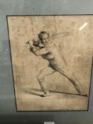 AN ANTIQUE PRINT OF A CRICKETER ENTITLED THE CUT, 27 x 21cms, TOGETHER WITH VARIOUS OTHER ANTIQUE
