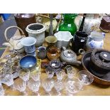 STUDIO WARES, DRINKING GLASS, A WEDGWOOD JUG PRINTED IN BLACK, EPNS EGG CUPS, A COPPER BOWL,