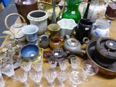 STUDIO WARES, DRINKING GLASS, A WEDGWOOD JUG PRINTED IN BLACK, EPNS EGG CUPS, A COPPER BOWL,