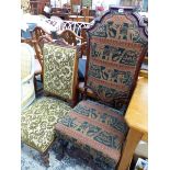 A LARGE VICTORIAN HIGH BACK HALL CHAIR, TOGETHER WITH A CARVED WALNUT SHOW FRAME NURSING CHAIR.