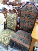 A LARGE VICTORIAN HIGH BACK HALL CHAIR, TOGETHER WITH A CARVED WALNUT SHOW FRAME NURSING CHAIR.
