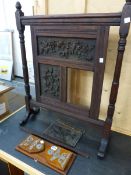 A BOOK SLIDE AND A CARVED OAK FIRE SCREEN.