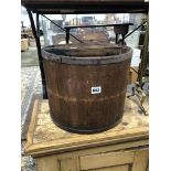 AN IRON COOPERED HARDWOOD BUCKET WITH INDISTINCT IMPRESSED MARKS. H 27.5cms.