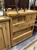 A PINE CHEST OF TWO SHORT AND THREE LONG DRAWERS TOGETHER WITH A PINE CUPBOARD WITH INTERIOR