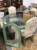 A GLASS TOPPED GREEN PAINTED DINING TABLE. Dia. 128 x H 76cms. FOUR CHAIRS AND A ROUND ARCH MIRROR