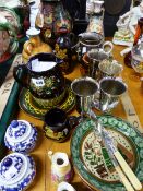 VARIOUS DECORATIVE POTTERY WARES, PLATED GOBLETS ETC.