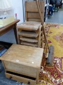 FOUR BENTWOOD CHILDS STACKING CHAIRS AND A SMALL BLANKET BOX.