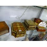 THREE MIDDLE EASTERN PARQUETRIED JEWELLERY BOXES, A MUSICAL CIGARETTE BOX TWO OTHER BOXES AND A