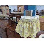 A LAURA ASHLEY DRESSING STOOL, TWO ANTIQUE STOOLS AND A SMALL RUG.