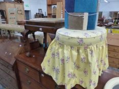 A LAURA ASHLEY DRESSING STOOL, TWO ANTIQUE STOOLS AND A SMALL RUG.