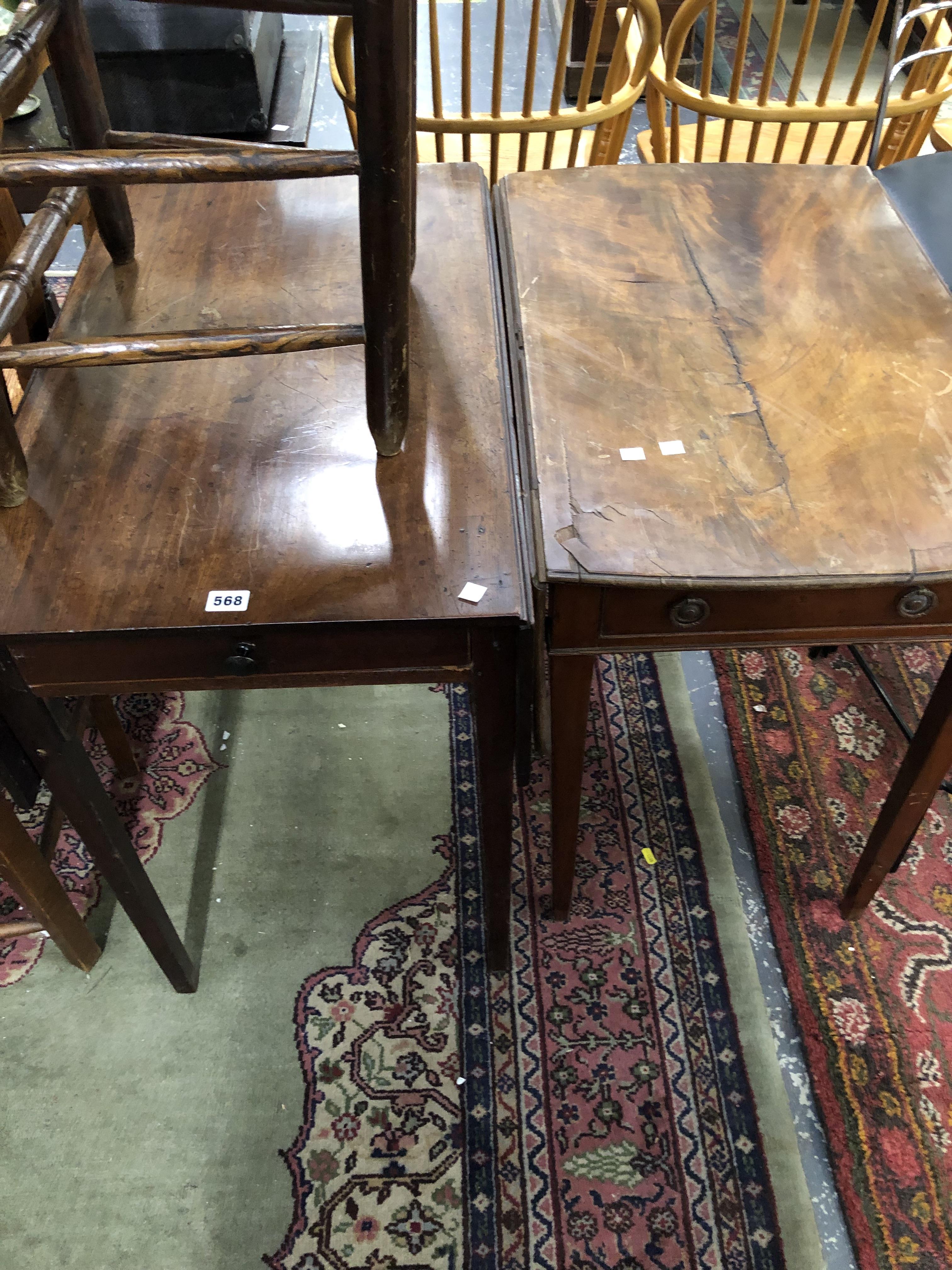 TWO 19th C. MAHOGANY PEMBROKE TABLES EACH WITH SINGLE DRAWER AND ON TAPERING SQUARE SECTIONED LEGS