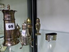 A HALLMARKED SILVER SUGAR CASTER, TWO FURTHER SILVER PEPPERS,AND A SILVER MUSTARD.