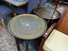 TWO BRASS TOPPED BENARES TABLES.