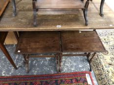 AN OAK PLANK TOPPED TABLE ON AN IRON BASE TOGETHER WITH ANOTHER TABLE WITH IRON LEGS AND A
