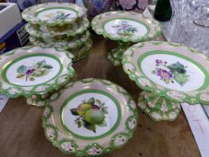 A 19th C. ENGLISH PORCELAIN DESSERT SERVICE PAINTED WITH FLOWERS WITHIN GREEN GUILLOCHE RIM BANDS