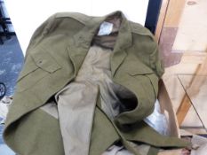 A VINTAGE MILITARY UNIFORM, TWO RIFLE SHOOTING JACKETS, LADIES SHOES ETC.