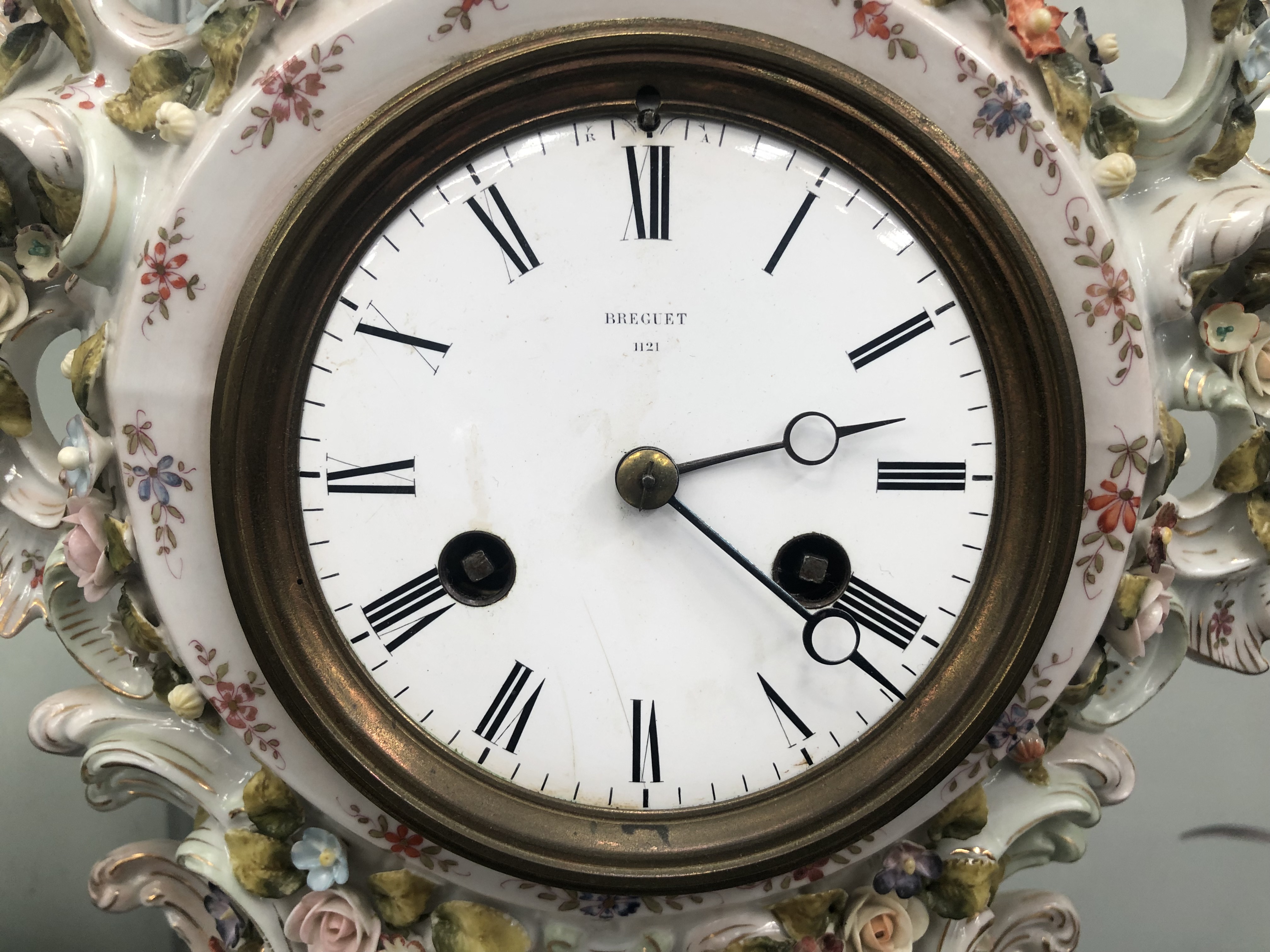 A BREGUET MARKED DIAL TO A CLOCK STRIKING ON A BELL IN A FLOWER ENCRUSTED PORCELAIN CASE - Image 3 of 10