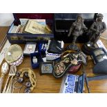 AN ORIENTAL EMBROIDERED COLLAR, VARIOUS POSTCARDS, CIGARETTE CARDS, SPELTER FIGURES AND