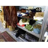 A LARGE COLLECTION OF VINTAGE CLOTHING, HANDBAGS, FUR JACKETS ETC.